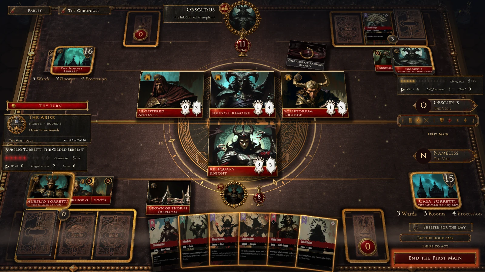 No Dawn gameplay in Unity: two opposing card formations on a candlelit battlefield.
